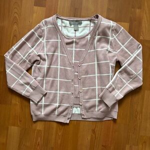 Women’s mauve and white plaid cardigan and top set size PETITE LARGE